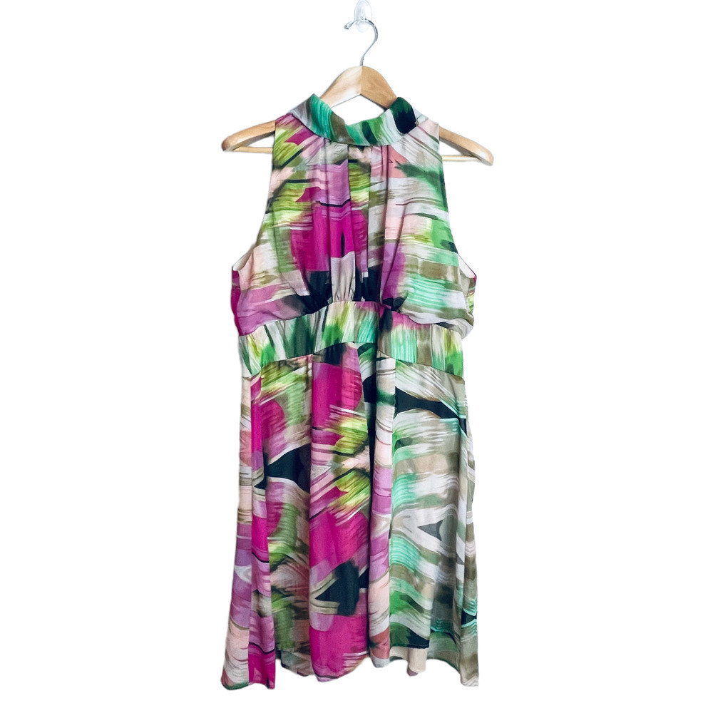 ILE New York Colorful Chiffon Overlay High Neck Sleeveless Dress Women’s Size 14